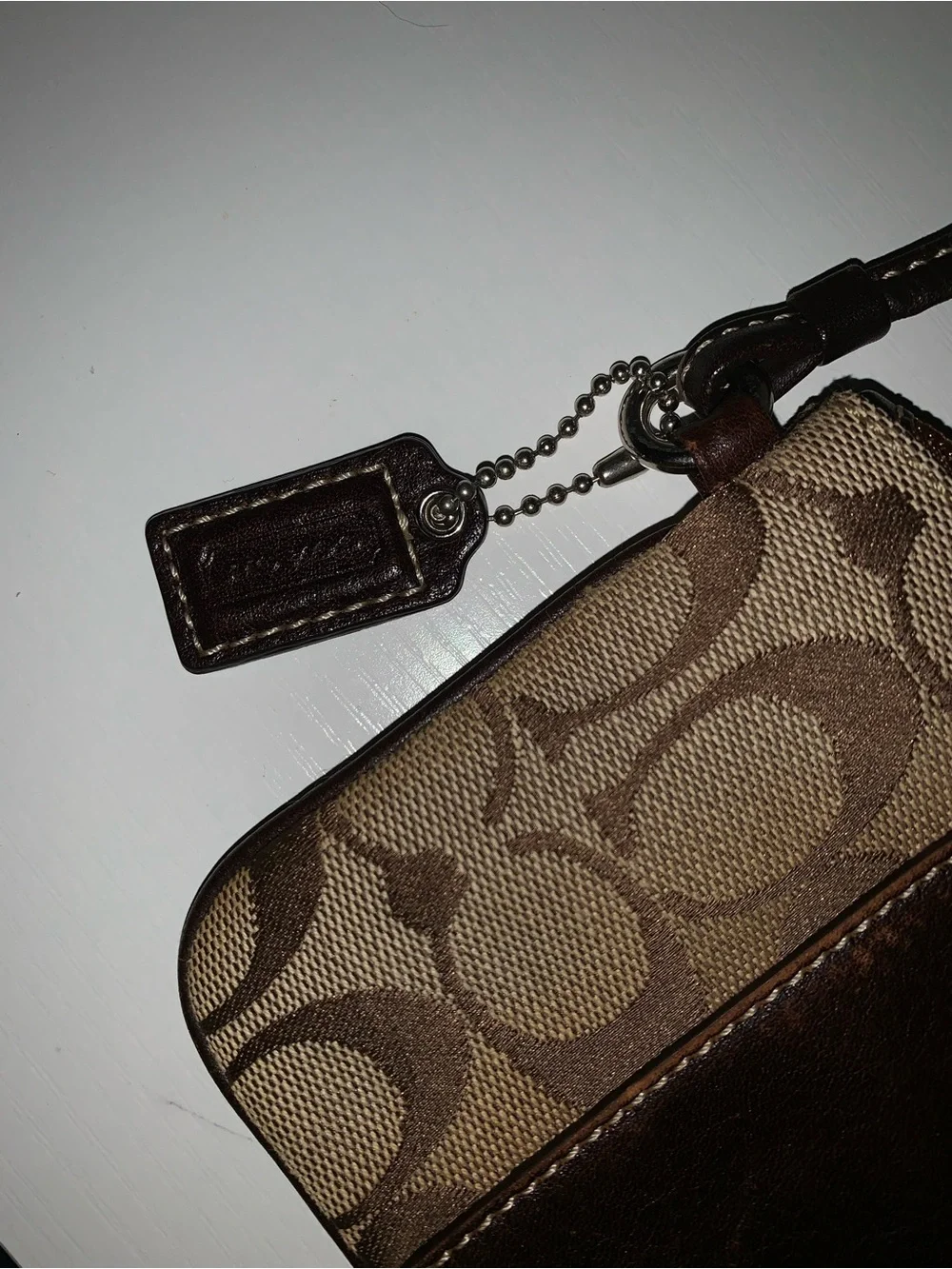 Coach Brown vintage signature Canvas Wristlet with Leather Trim